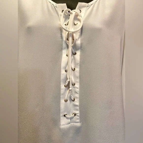 ACROBAT Ivory White Silk Lace Up Blouse L - Picture 11 of 12